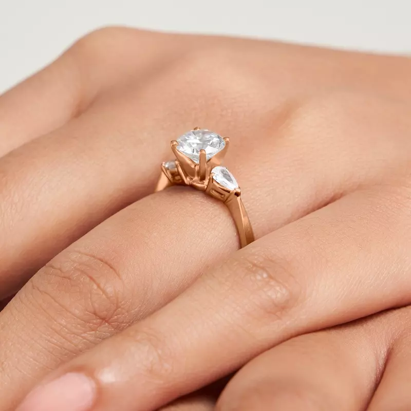 14K Rose Gold Oksana Three Stone Engagement Ring With Pear Shape Side Diamonds