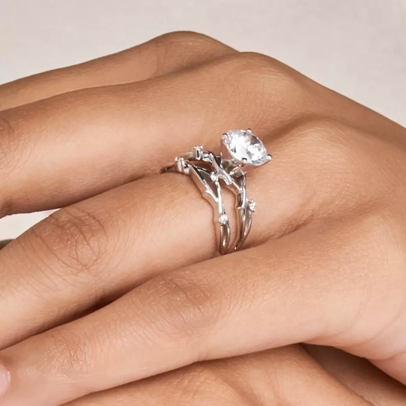 14K White Gold Vine Nature Inspired Engagement Ring