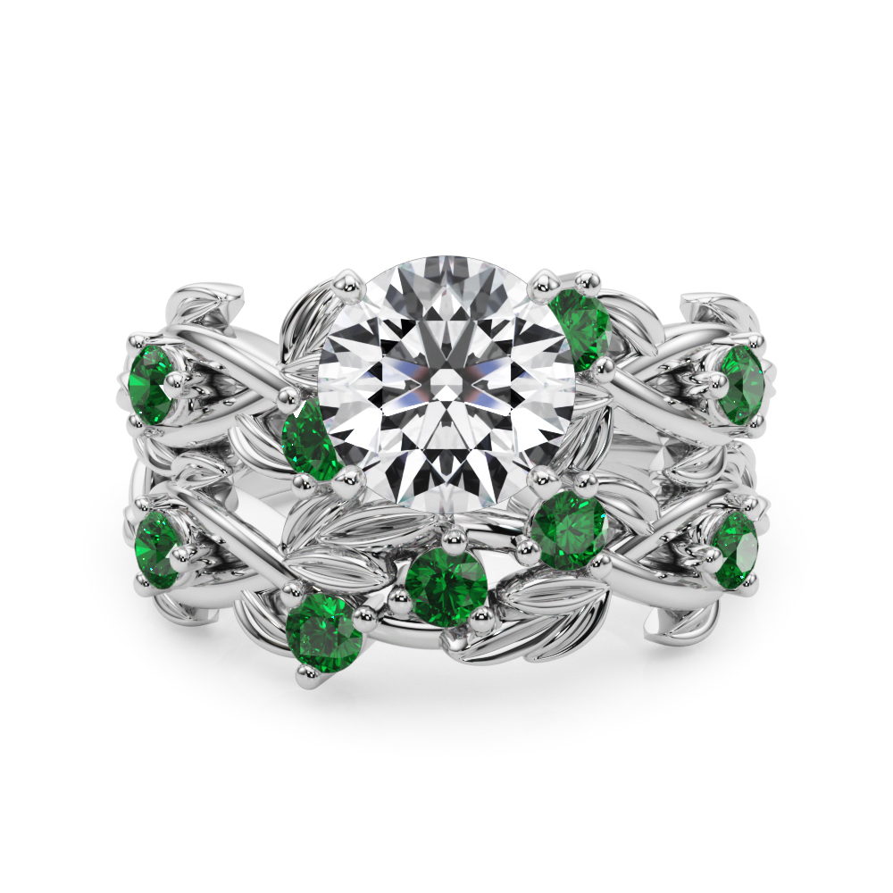Flamenco Emerald Twisted Vine & Leaf Engagement Ring