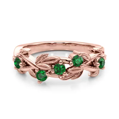 Flamenco Emerald Twisted Vine & Leaf Wedding Band