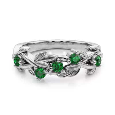 Flamenco Emerald Twisted Vine & Leaf Wedding Band