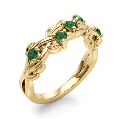 Flamenco Emerald Twisted Vine & Leaf Wedding Band