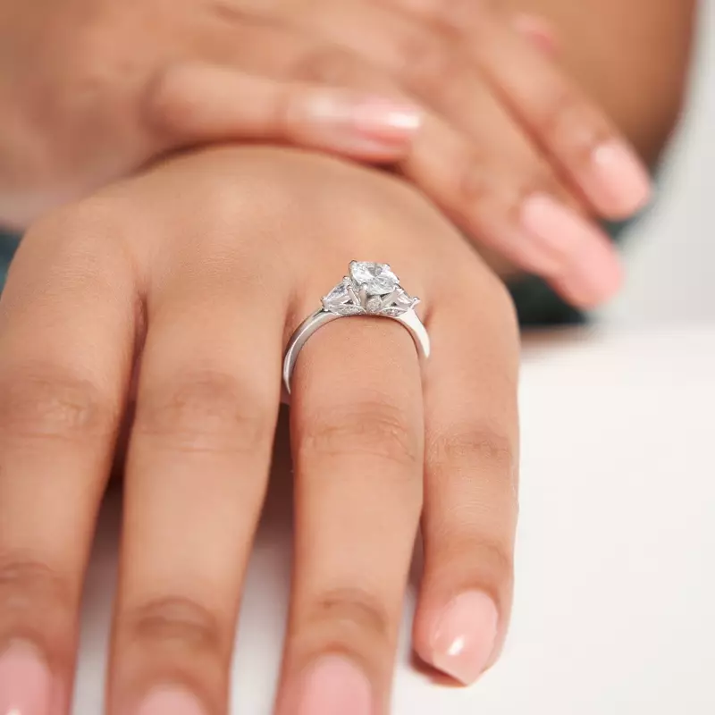 14K White Gold Kennedy Three Stone Ring With Pear Shape Side Diamonds