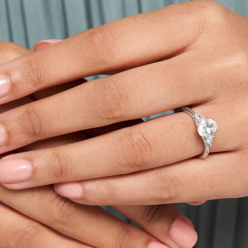 14K White Gold Kennedy Three Stone Ring With Pear Shape Side Diamonds