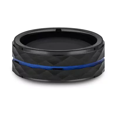 Black Cobalt Faceted Blue-Line Comfort-Fit Band (8mm)