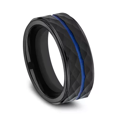 Black Cobalt Faceted Blue-Line Comfort-Fit Band (8mm)