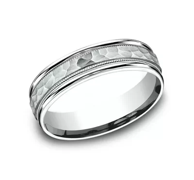 Hammered Center Drop Edge Milgrain Comfort-Fit Band (6mm)