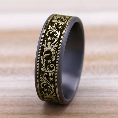 Noir Star Engraved Two-Tone Comfort-Fit Band (7.5mm)