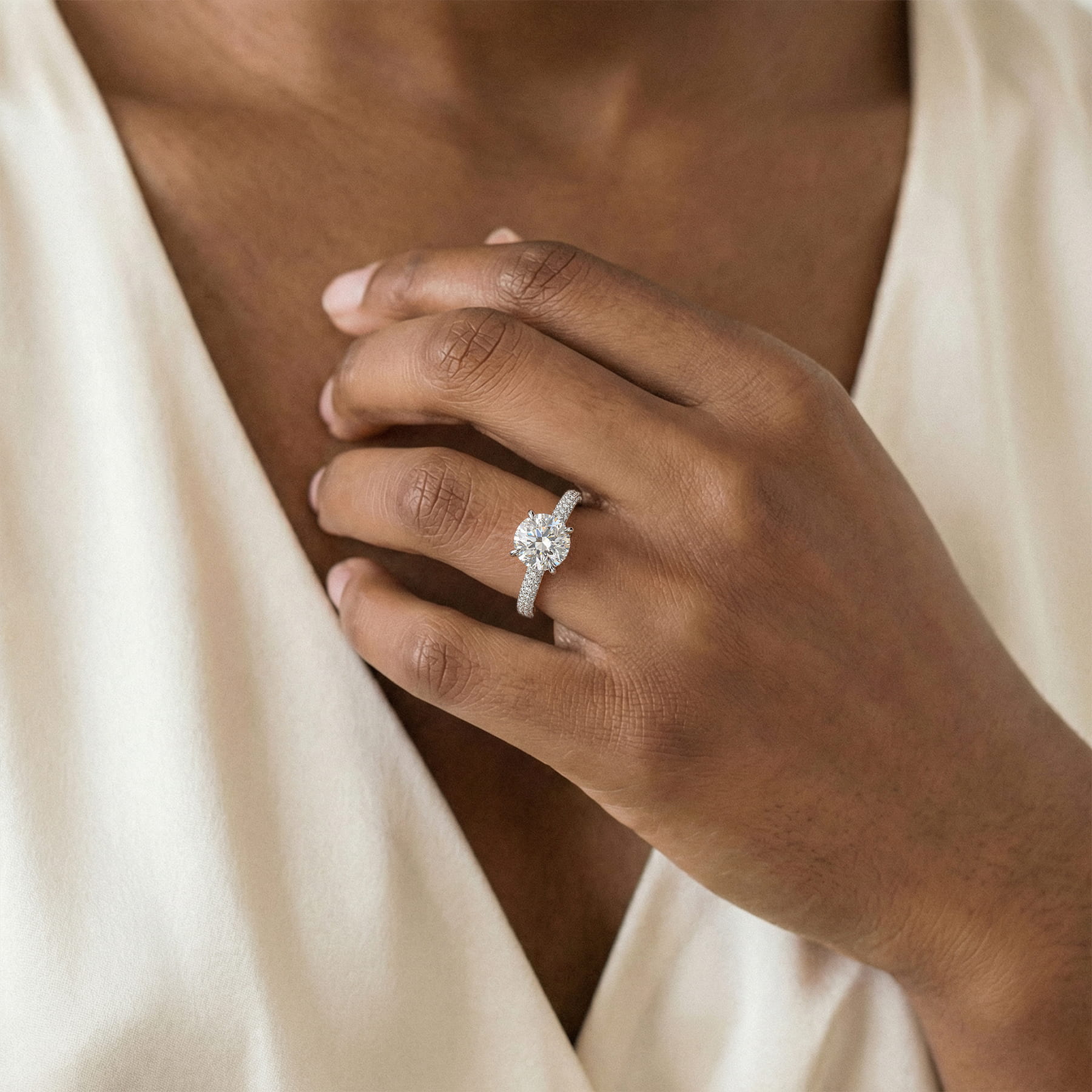 Selora Rolled Pavé Hidden Halo Engagement Ring - 14K White Gold
