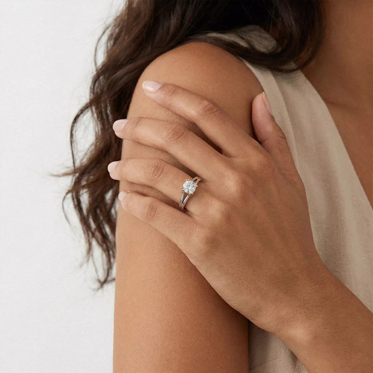 Tori Double Prong Mixed-Metal Hidden Halo Engagement Ring - 14K