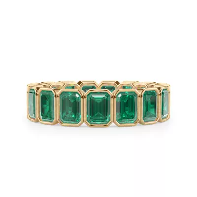 Vibrant Green Emerald Emerald-Cut Bezel-Set Eternity Ring