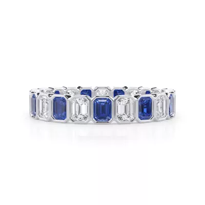 Sapphire and Diamond Emerald-Cut Bezel Eternity Band