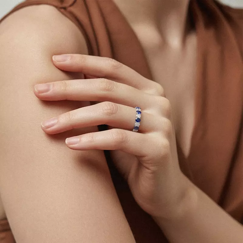 14K White Gold Classic Oval Sapphire and Lab Diamond Eternity Ring