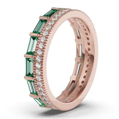 Emerald Baguette & Diamond Double Row Eternity Band