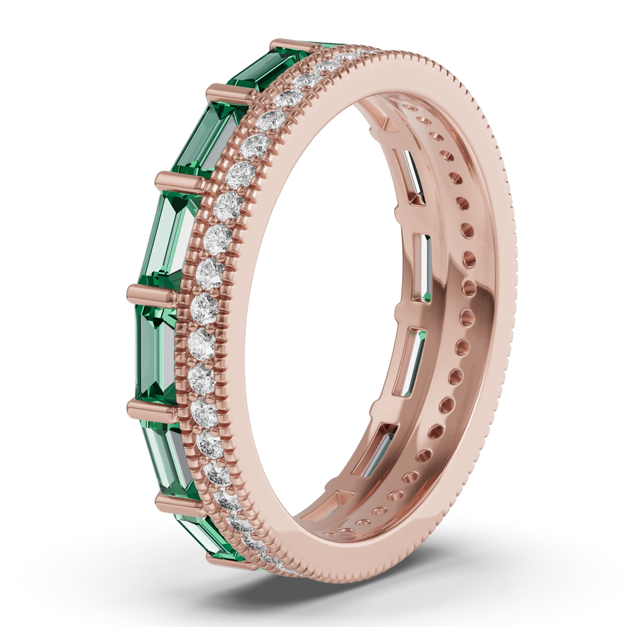 Emerald Baguette & Diamond Double Row Eternity Band