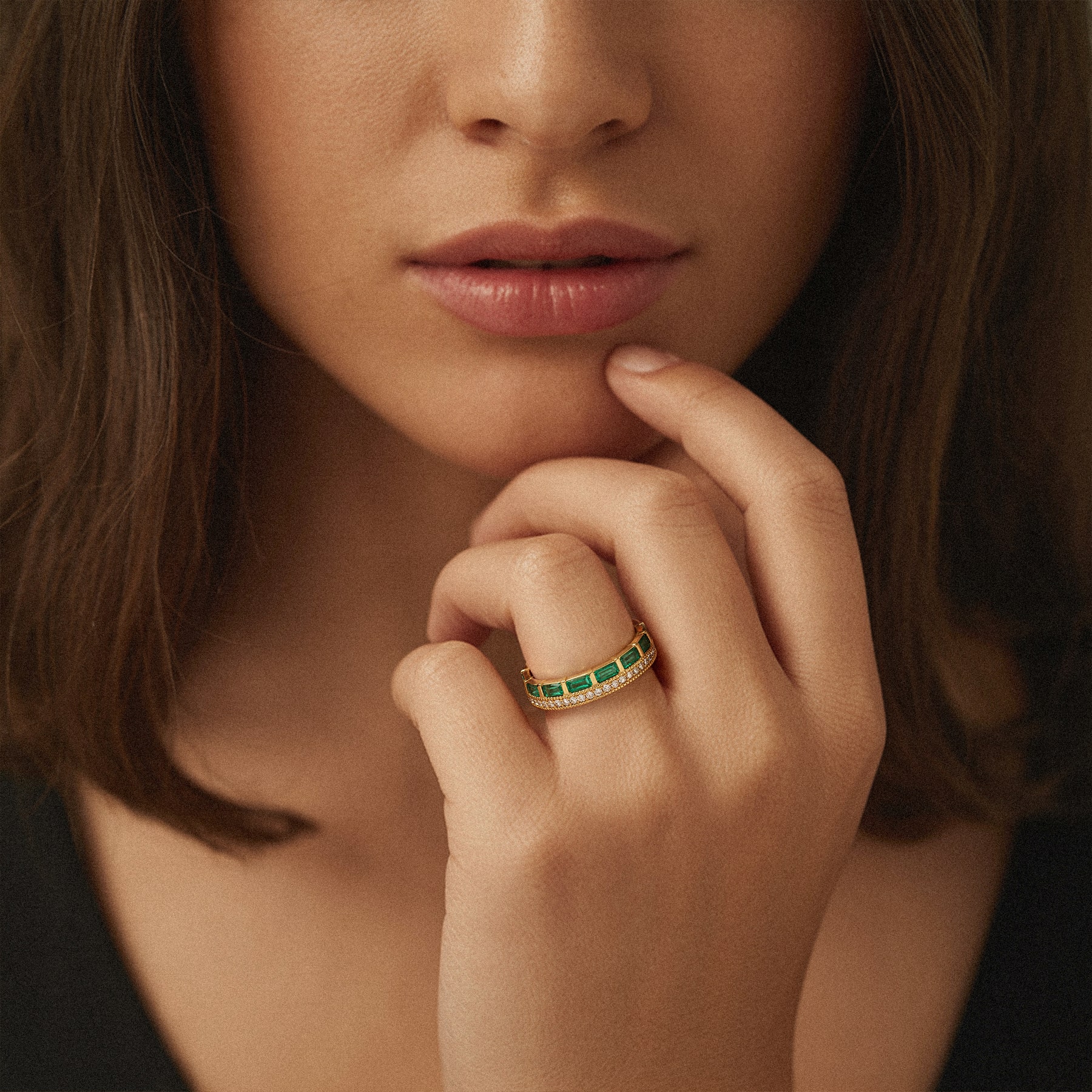18K White Gold Emerald Baguette & Lab Diamond Double Row Eternity Band