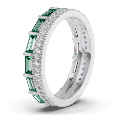 Emerald Baguette & Diamond Double Row Eternity Band