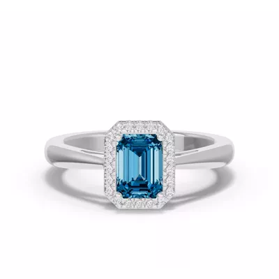 Emerald Blue Topaz Lab Diamond Halo Ring