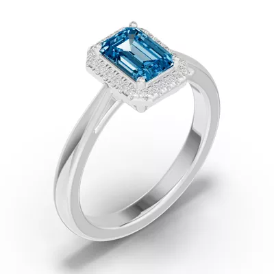 Emerald Blue Topaz Lab Diamond Halo Ring