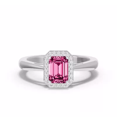 Emerald Pink Tourmaline Lab Diamond Halo Ring