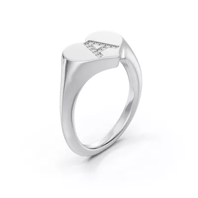 Heart Pavé Lab Diamond Initial Signet Ring - A