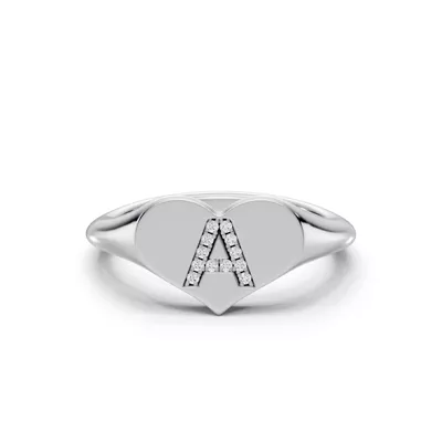 Heart Pavé Diamond Initial Signet Silver Ring - A