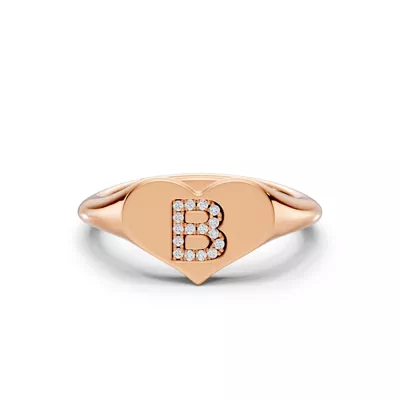 Heart Pavé Diamond Initial Signet Ring - B