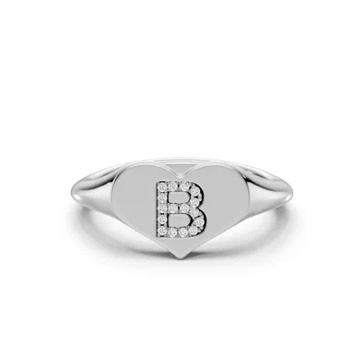 Heart Pavé Diamond Initial Signet Silver Ring - B