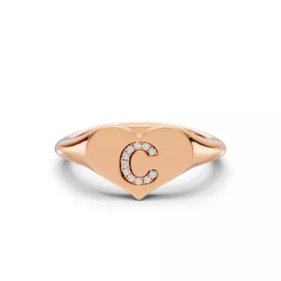Heart Pavé Lab Diamond Initial Signet Ring - C