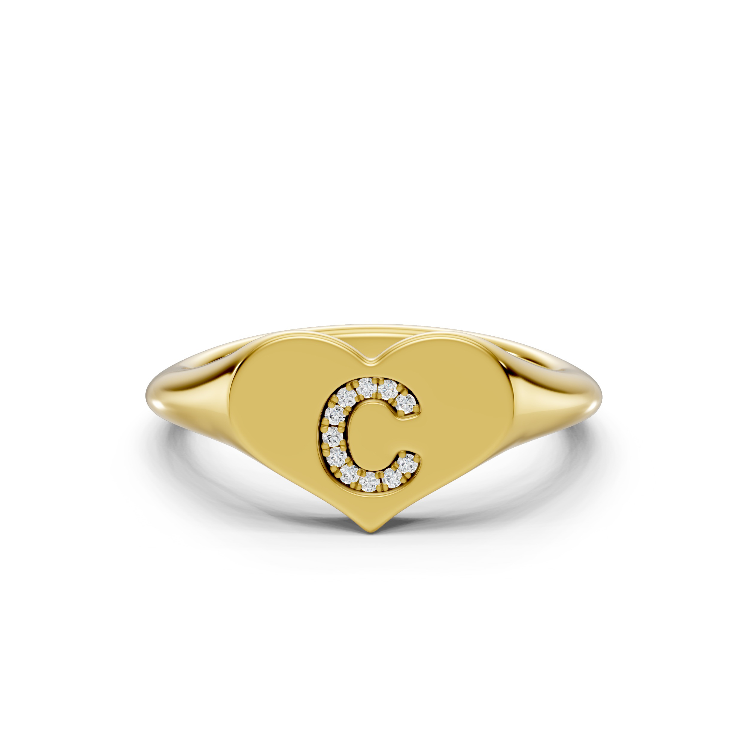 Heart Pavé Diamond Initial Signet Ring - C