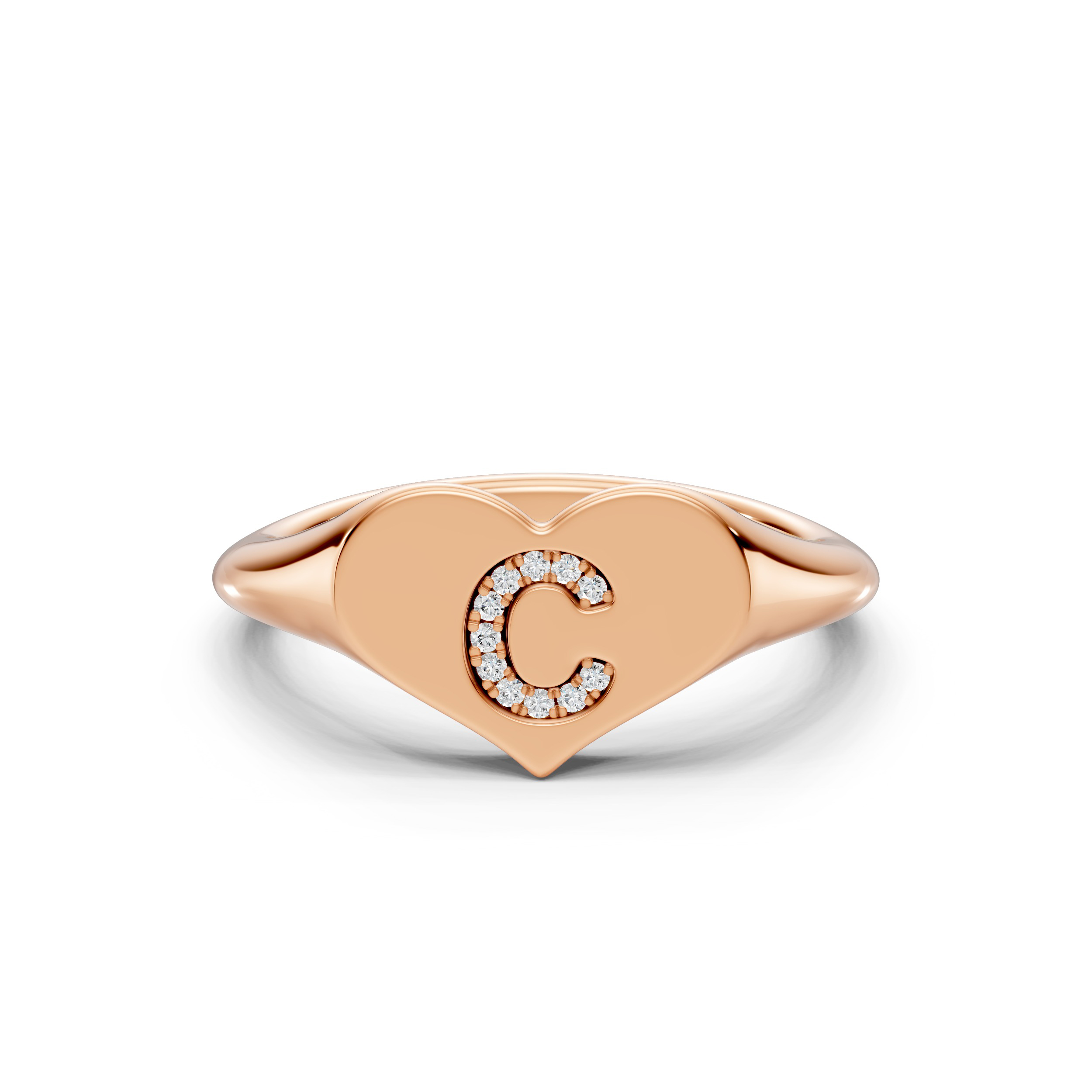 Heart Pavé Lab Diamond Initial Signet Ring - C