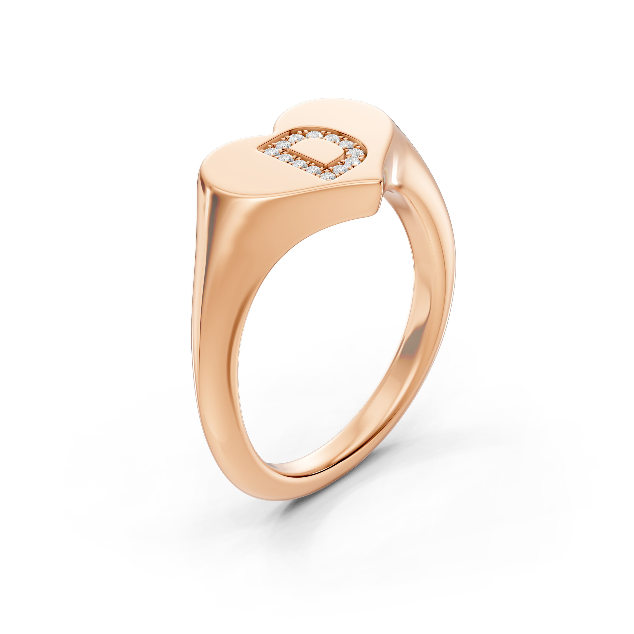 Heart Pavé Diamond Initial Signet Ring - D