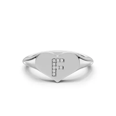 Heart Pavé Diamond Initial Signet Silver Ring - F