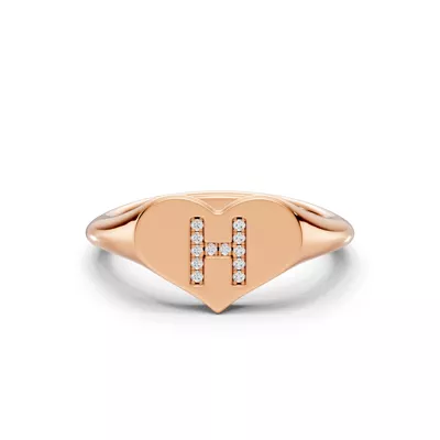 Heart Pavé Diamond Initial Signet Ring - H