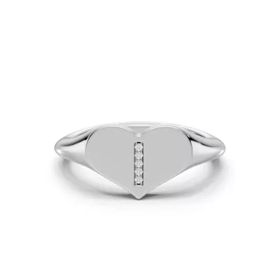 Heart Pavé Lab Diamond Initial Signet Silver Ring - I