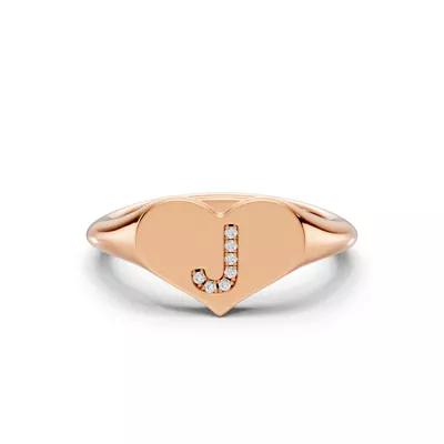 Heart Pavé Diamond Initial Signet Ring - J