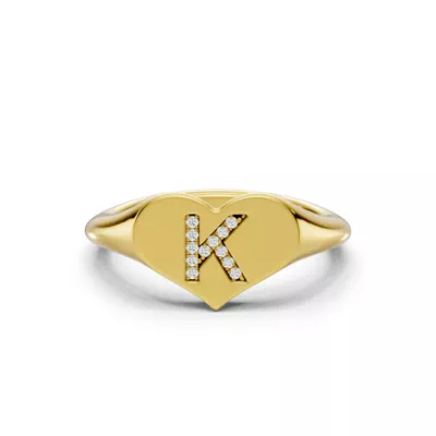Heart Pavé Diamond Initial Signet Ring - K