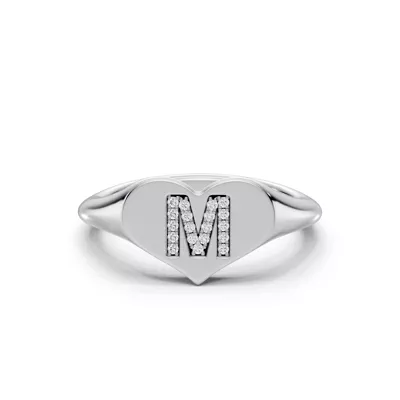 Heart Pavé Diamond Initial Signet Ring - M