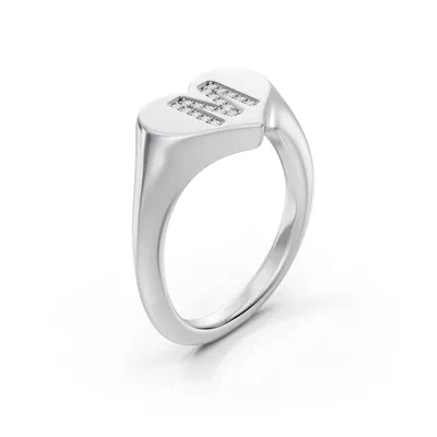 Heart Pavé Diamond Initial Signet Silver Ring - M