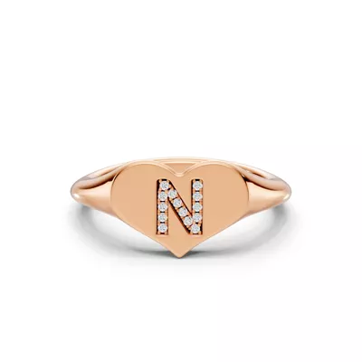 Heart Pavé Diamond Initial Signet Ring - N