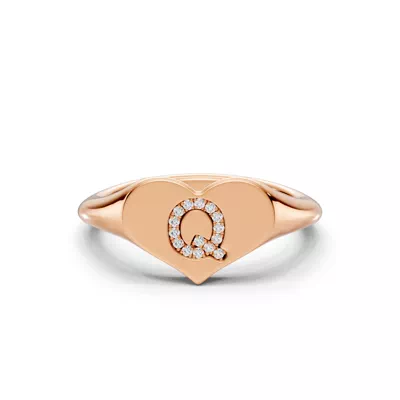 Heart Pavé Diamond Initial Signet Ring - Q