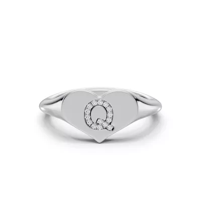 Heart Pavé Lab Diamond Initial Signet Silver Ring - Q