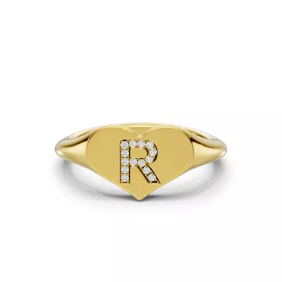 Heart Pavé Diamond Initial Signet Ring - R