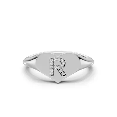 Heart Pavé Diamond Initial Signet Silver Ring - R