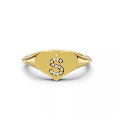 Heart Pavé Diamond Initial Signet Ring - S