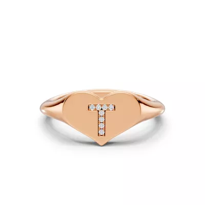 Heart Pavé Diamond Initial Signet Ring - T