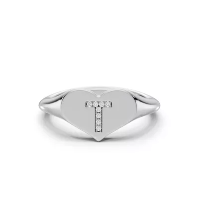 Heart Pavé Lab Diamond Initial Signet Ring - T