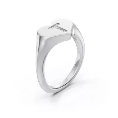 Heart Pavé Diamond Initial Signet Ring - T