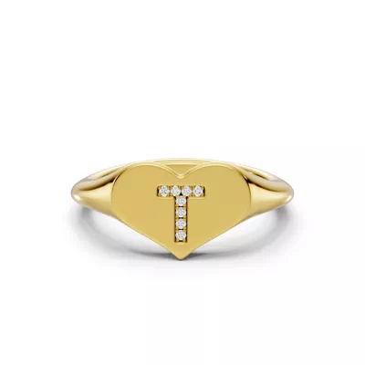 Heart Pavé Lab Diamond Initial Signet Ring - T