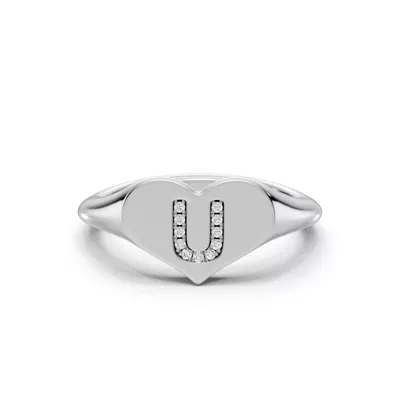 Heart Pavé Diamond Initial Signet Ring - U